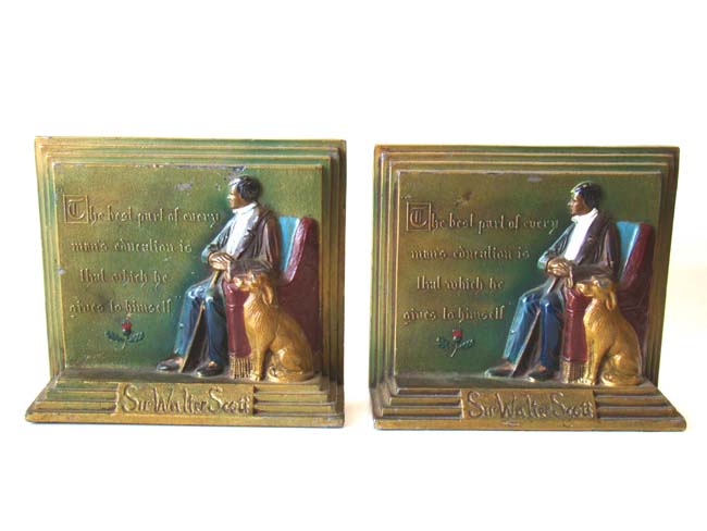 A pair of hand painted antique Bookends circa 1935 with a quote from Sir Walter Scott — image 2